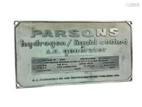 A PARSONS HYDROGEN/LIQUID COOLED A.C. GENERATOR NAMEPLATE