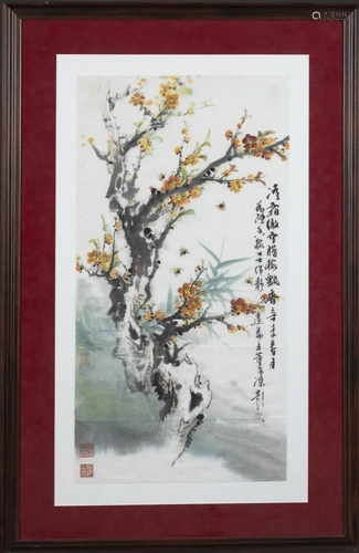 Framed Chinese painting of plum blossoms.