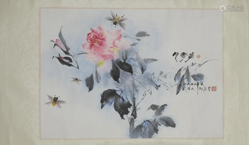 Chinese scroll of a rose, Xiang Qing Yun, 1990.