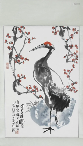 Chinese scroll of a crane, Xu Changming, 20th c.