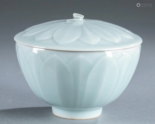 Chinese sky blue glaze lidded lotus bowl.