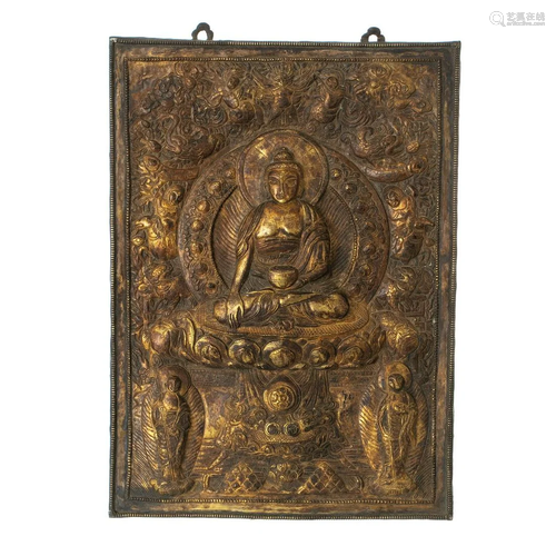 Tibetan Shakyamuni Buddha gilt copper plaque