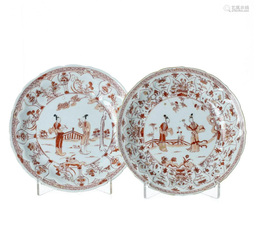 Two coral Chinese porcelain plates, Kangxi