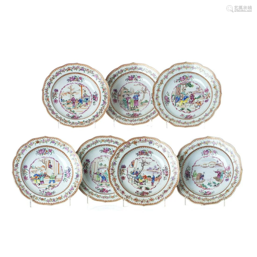 Seven soap 'Mandarin' plates in Chinese porcelain,