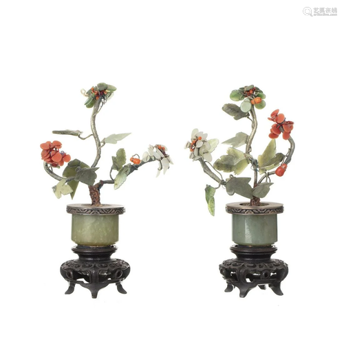 Pair of miniature jade and hardstone flower pots,