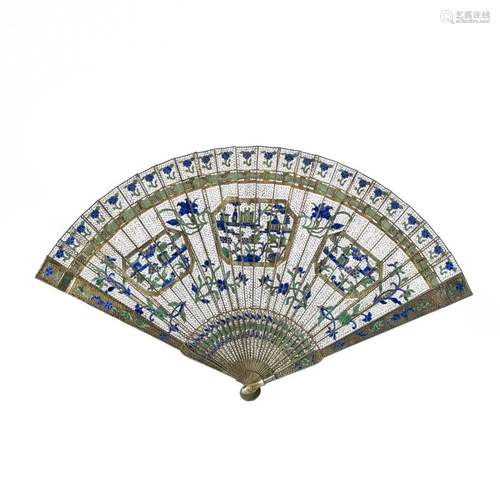 Chinese silver gilt fan with enamels