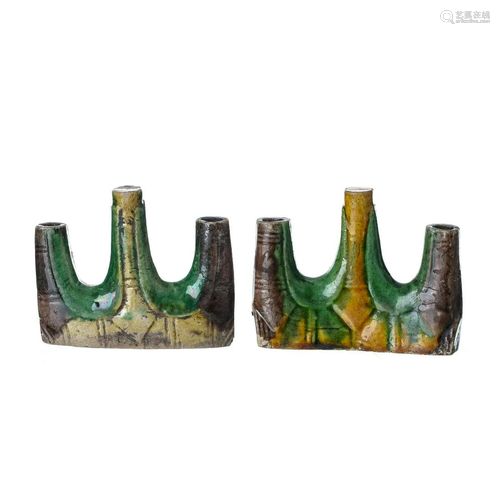 Chinese Sancai ceramic brush holder pair, Kangxi