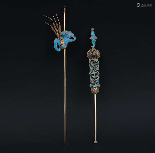 TWO KINGFISHER HAIRPINS QING DYNASTY