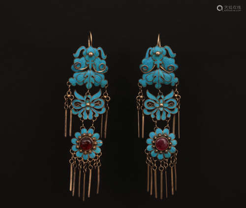 PAIR KINGFISHER EARRINGS QING DYNASTY