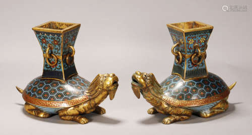 Qing Dynasty - Pair of Cloisonne and Bronze Ornament