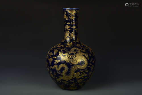 A BLUE GLAZED AND GILT GLOBULAR VASE KANGXI PERIOD