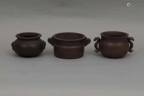 THREE YIXING GLAZED CENSERS QING DYNASTY