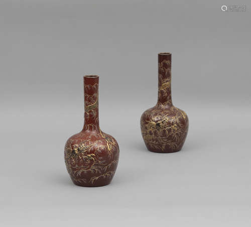 PAIR AUBERGINE GLAZE AND GILT VASES QIANLONG PERIOD