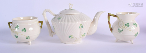 A BELEEK THREE PIECE TEASET. Largest 20 cm wide.