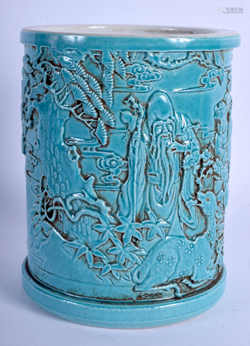 A CHINESE TURQUOISE PORCELAIN BRUSH POT. 14 c…