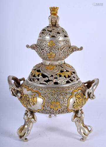 A CHINESE TWIN HANDLED SILVERED BRONZE …