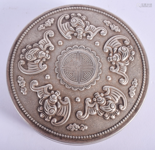 A CHINESE WHITE METAL BOX AND COVER. 8 c…