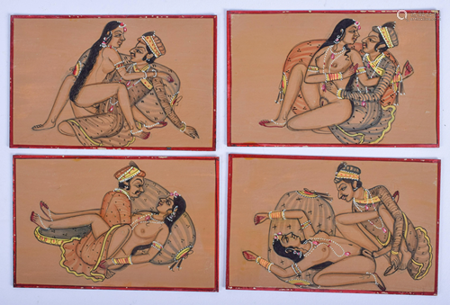 SIX INDIAN PAINTED EROTIC CARDS. 7 cm x 9.5 …