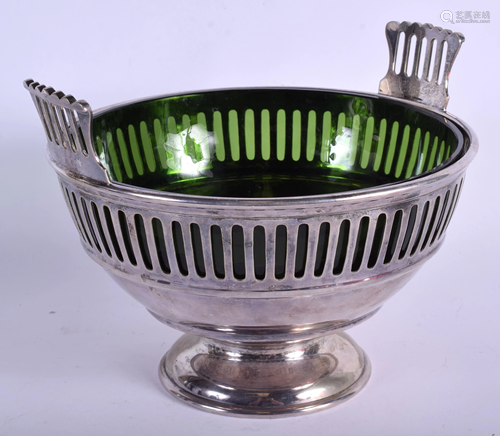 AN ART DECO SILVER PLATED OLIVE GREEN GLASS …