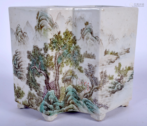 A CHINESE FAMILE BRUSH POT. 16 cm x 16 cm.