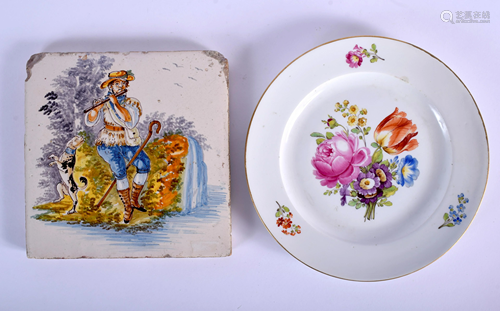 AN ANTIQUE MEISSEN PLATE together with a tile. La…