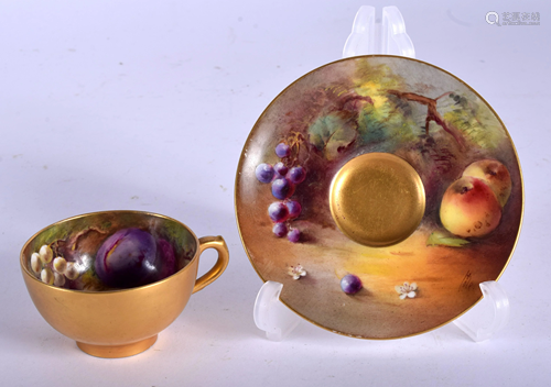 A ROYAL WORCESTER FRUIT PAINTED CUP AND SAU…