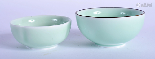 TWO 1950S CELADON TEABOWLS. 7 cm diameter. (2)