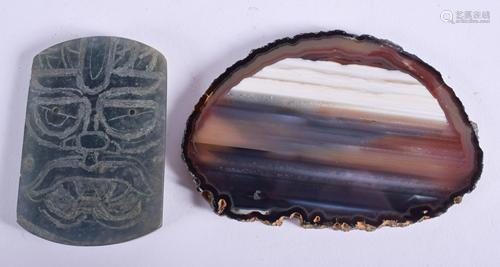 A CONTINENTAL AGATE SLAB and a jade tablet. (2)