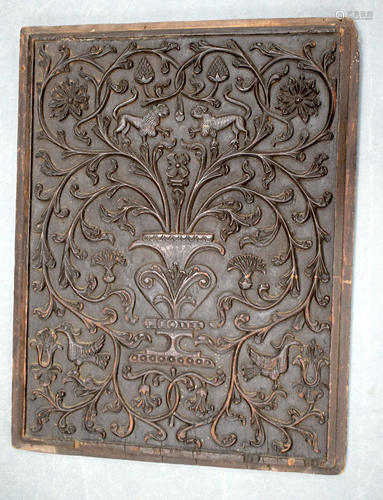 AN ANTIQUE CARVED OAK PANEL. 66 cm x 51 cm.