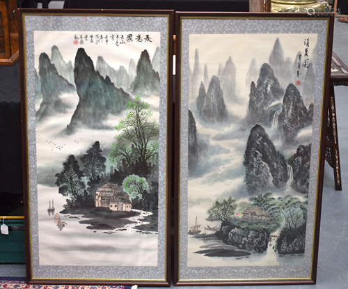 A PAIR OF CHINESE INK WORK WATERCOLOUR LAND…