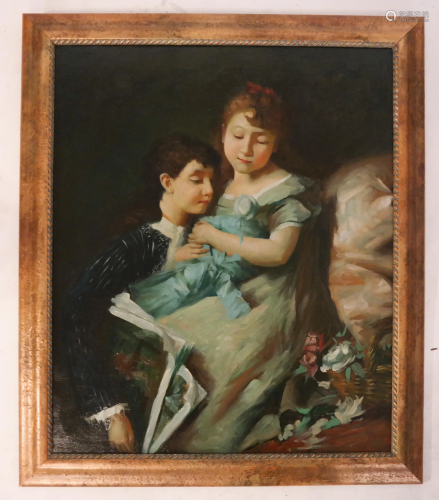 W. MORONI: Two Children - Oil on Canvas