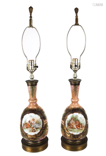 Pair of Sevres-Style Bronze-Mounted Lamps