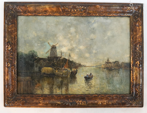 Dutch School: Canal Scene - Oil on Canvas