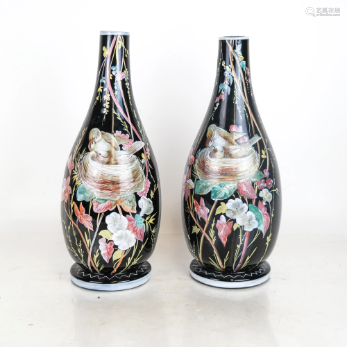Pair 19th C. Enameled Glass Vases