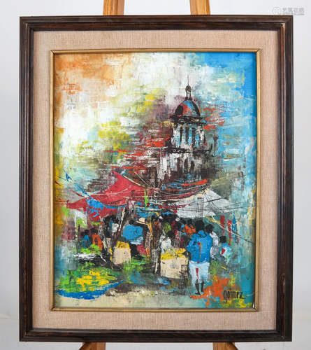 GOMEZ, Expressionist: Market Scene- Oil on Canvas