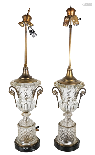 Pair Regency-Style Crystal & Brass Lamps