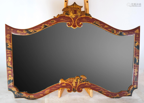 Chinoiserie Decorated Red Wood Frame Mirror