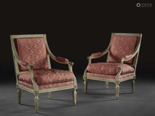 PAIR OF LOUIS PERIOD QUEEN ARMCHAIRS XVI \nCarved w…