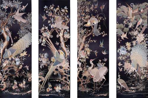 A SET OF FOUR QING DYNSTY HAND-MADE EMBROIDERY, FLOWER AND BIRDS PATTERN