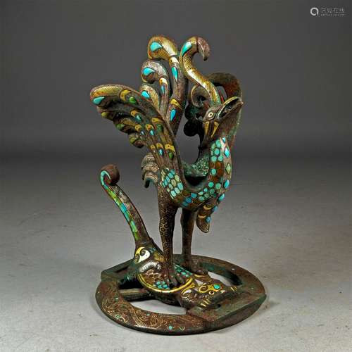 A WARRING STATES PERIOD BRONZE MIXED  GOLD INLAID TURQUOISE PHOENIX ORNAMENT