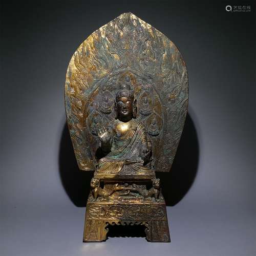 A NORTHERN QI DYNASTY GILTING BRONZE SAKYAMUNI STATUE