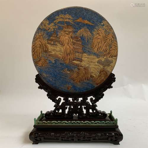 A QING DYNASTY 
LAPIS LAZULI PAINTED GOLD TABLE SCREEN