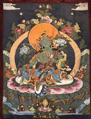 A QING DYNASTY HAND-MADE 
K'O-SSU EMBROIDERY, GREEN TARA STATUE THANG-GA