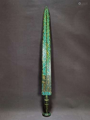 A WARRING STATES PERIOD BRONZE MIXED  GOLD INLAID TURQUOISE SWORD