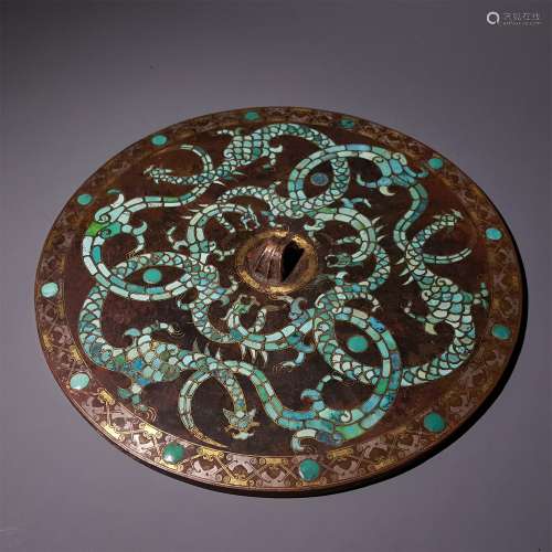 A WARRING STATES PERIOD BRONZE MIXED SILVER AND GOLD INLAID TURQUOIS BRONZE MIRROR