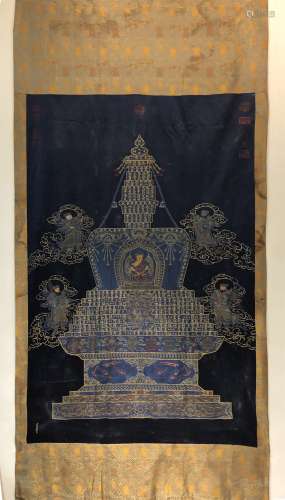 A QING DYNASTY HAND-MADE BROCADE EMBROIDERY, PAGODA STATUE
