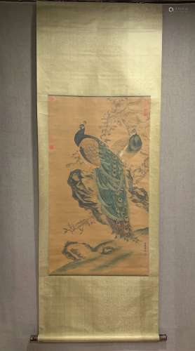 A CHINESE PEACOCK PAINTING, LV JI MARK
