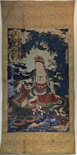 A QING DYNASTY HAND-MADE BROCADE EMBROIDERY, GUANYIN STATUE