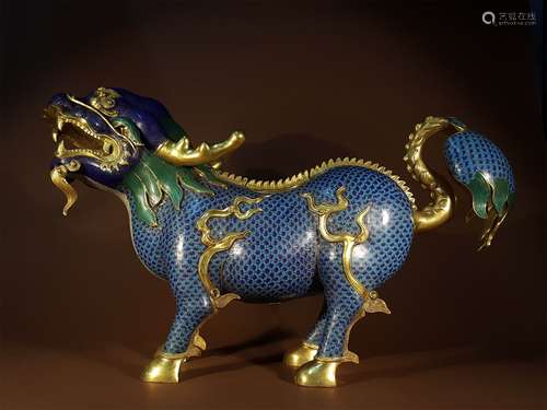 A QING DYNASTY CLOISONNE KYLIN SHAPE ORNAMENT