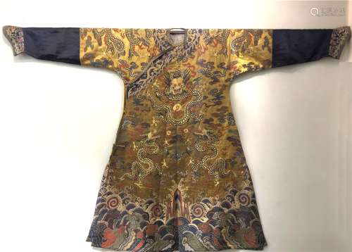 A QING DYNASTY HAND-MADE BROCADE EMBROIDERY GOLD COLOR IMPERIAL ROBE